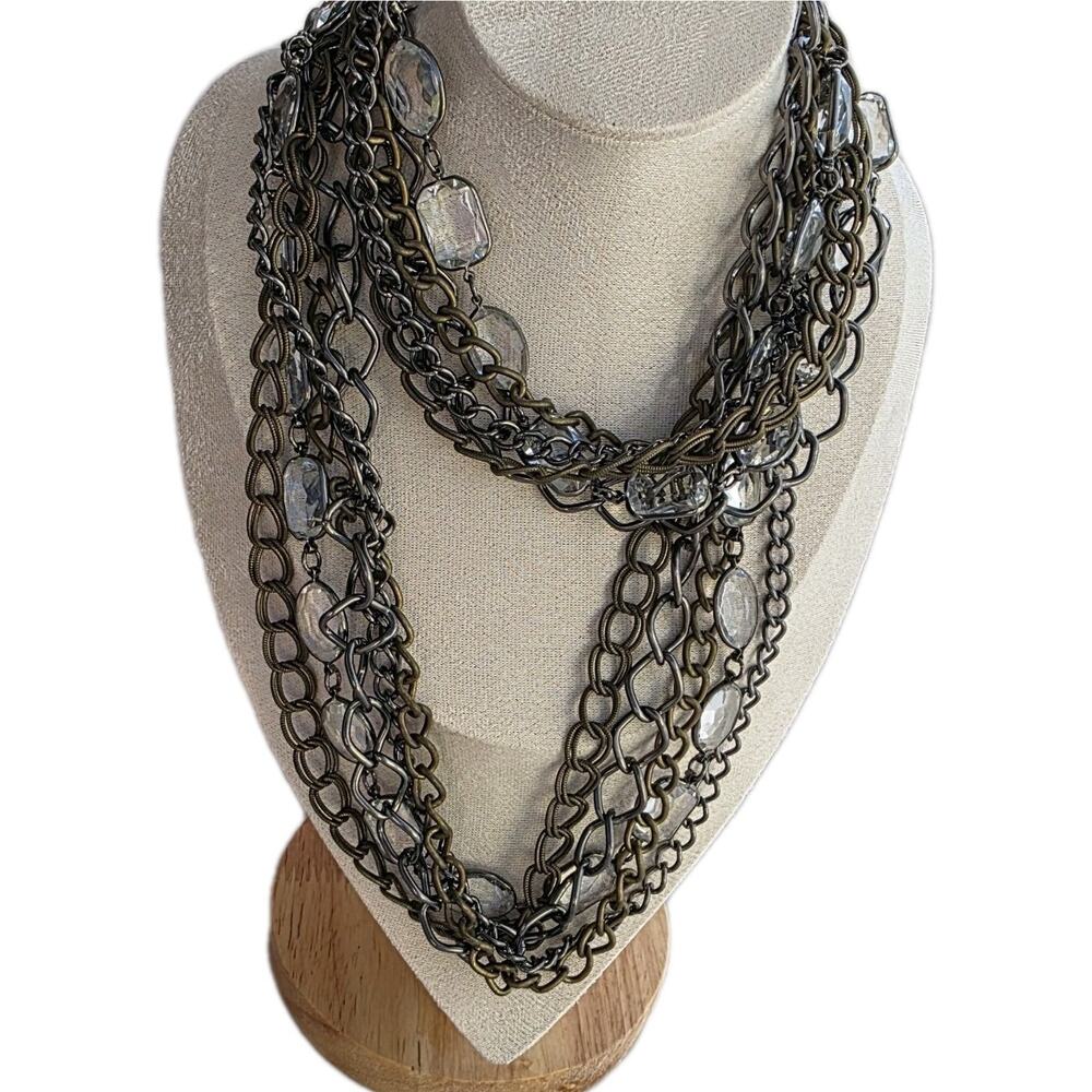 Graziano Multi 4 Strand Old gold Tone Long Neckace Crystal 36" Chunky Adjustable